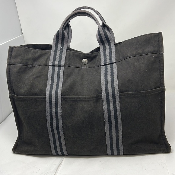 HERMÈS Toile Fourre-Tout MM Black Gray Tote - Picture 2 of 16